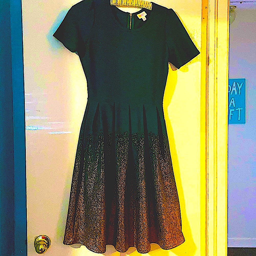 Lularoe Amelia Dress: Dark Green Dipped in Bronze